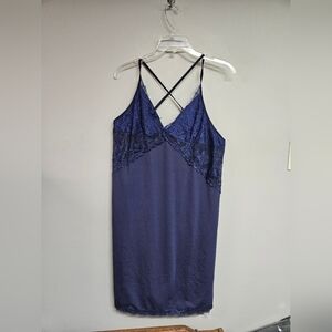 Navy Blue Lace Trim Slip Dress Nightgown Lingerie Women's Large Sleepwear